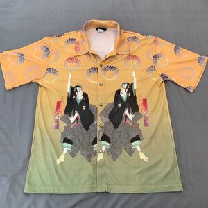 Point Zero Shirt Mens XL Yellow Green Kabuki Graphic Button Up Made USA Art‎ Tee
